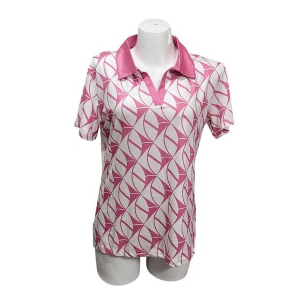 Womens Short Sleeve Geometric Print Golf Polo Shirt Pink White L